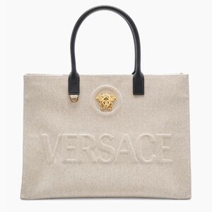 Versace La Medusa Logo Canvas Tote Bag Rope Black Gold